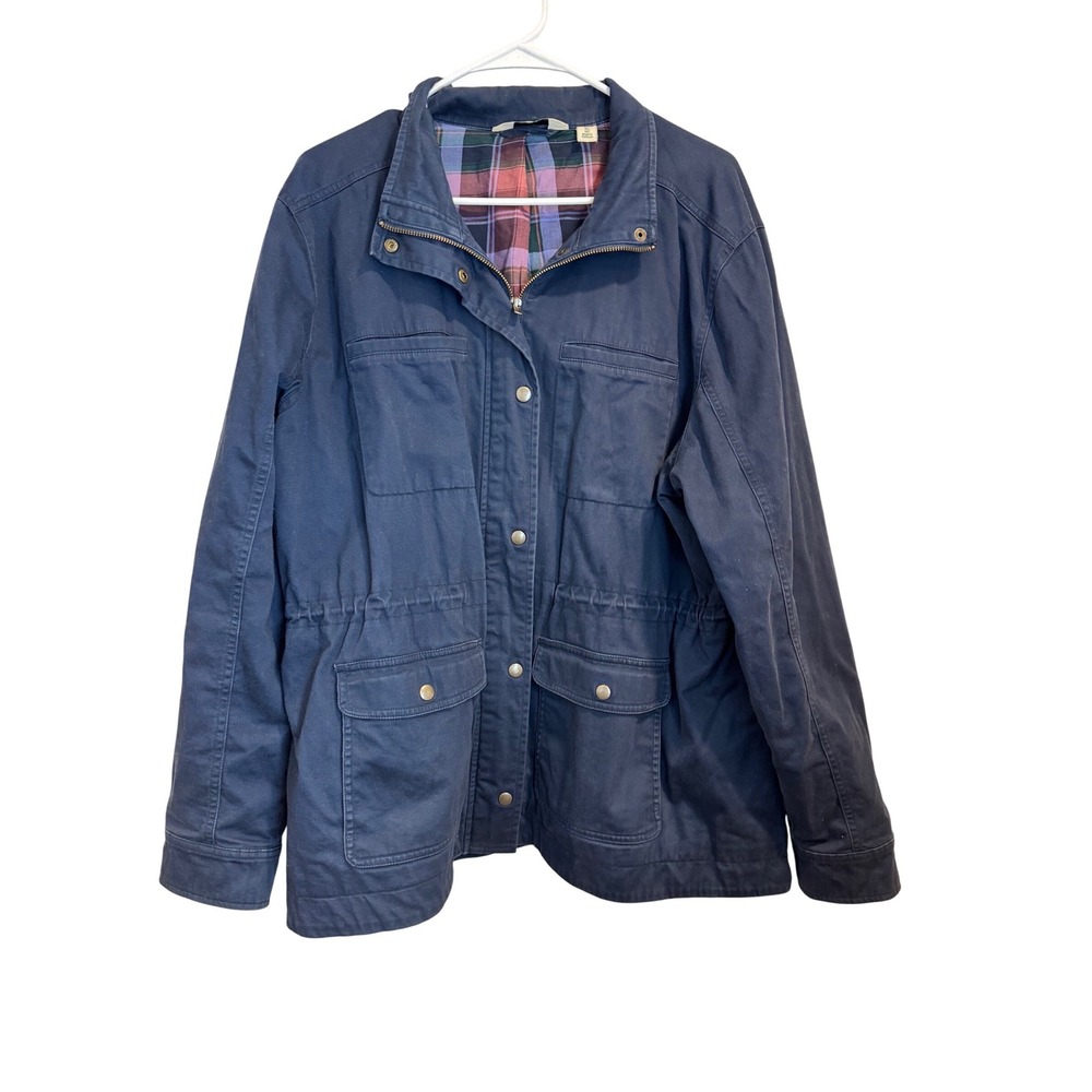VTG LL Bean Navy Blue Plaid Lined Utility Field Jacket XL  Womens Chore Coat